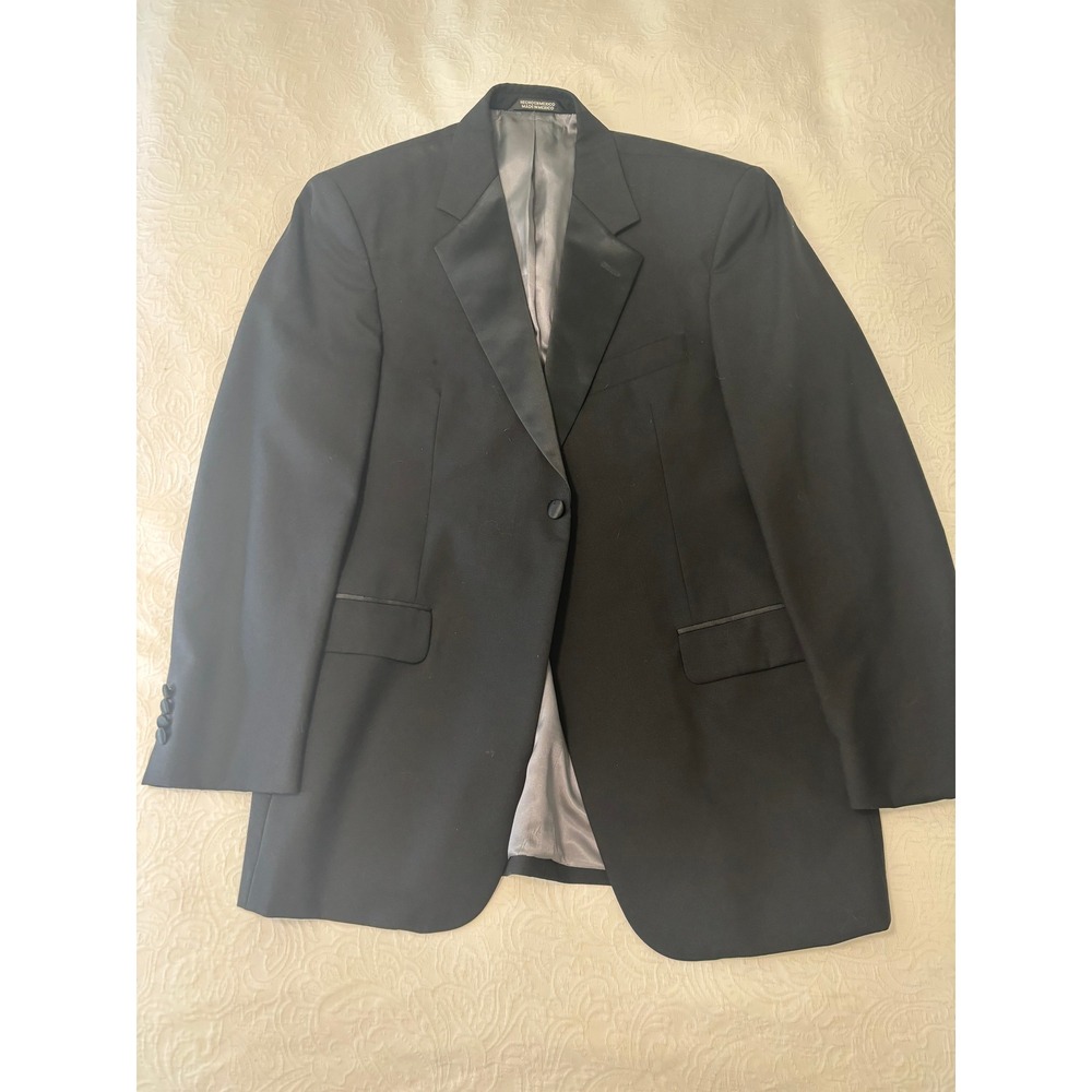 Stafford Formal Wear Mens Black Wool Tuxedo Jacket Satin Peak Lapel Blazer 42R